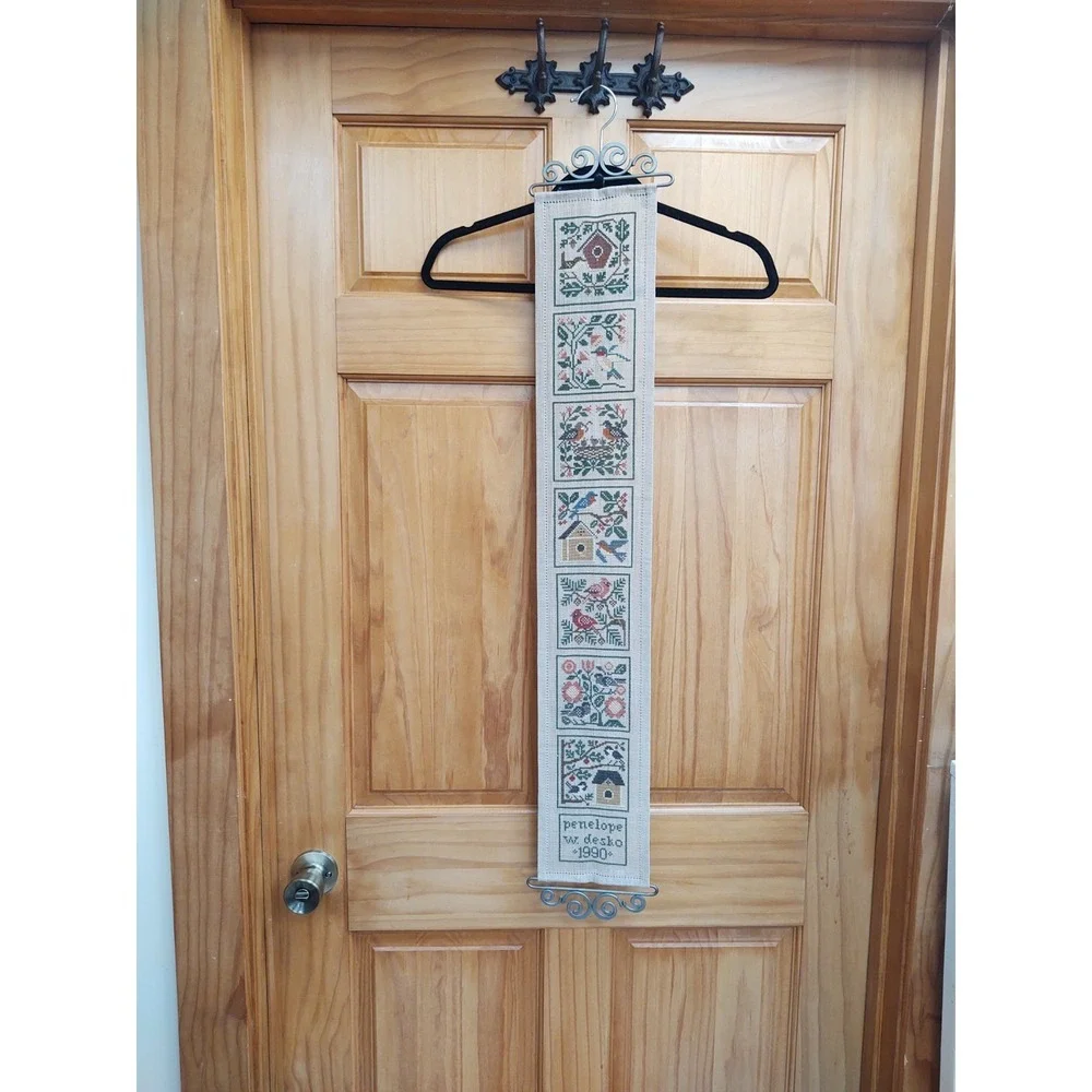 Vintage Completed Cross Stitch Birds Bell Brass Hanger 36